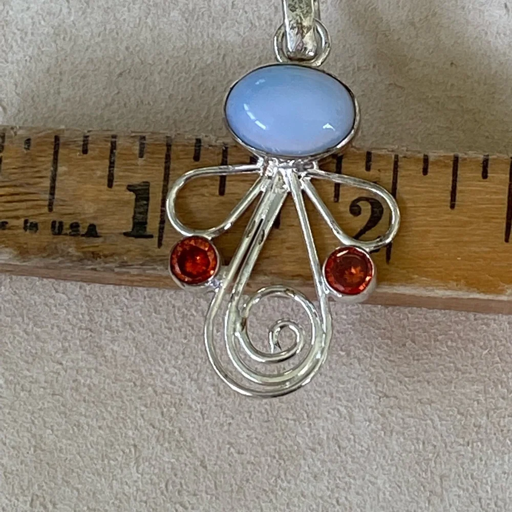 Handcrafted Silver Opaline Cabochon and Faceted Orange Topaz Stone Angel Pendant - Picture 3 of 7